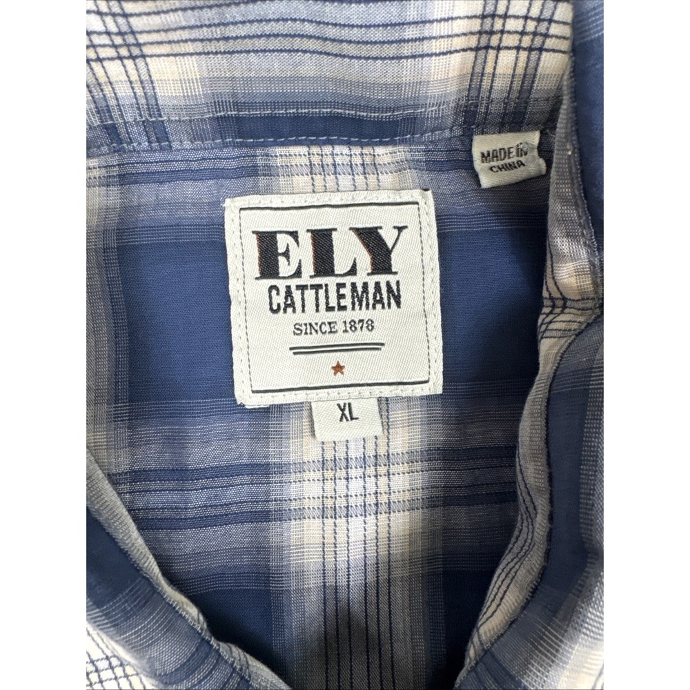 Ely Cattleman Shirt Mens XL Blue Gray Plaid Western Pearl Snap Flannel READ - Picture 10 of 12